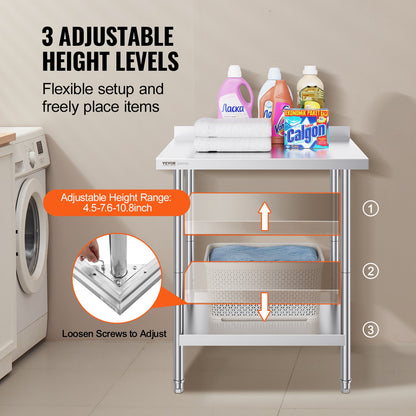VEVOR 24 x 30 x 36 Inch Stainless Steel Work Table, Commercial Food Prep Worktable