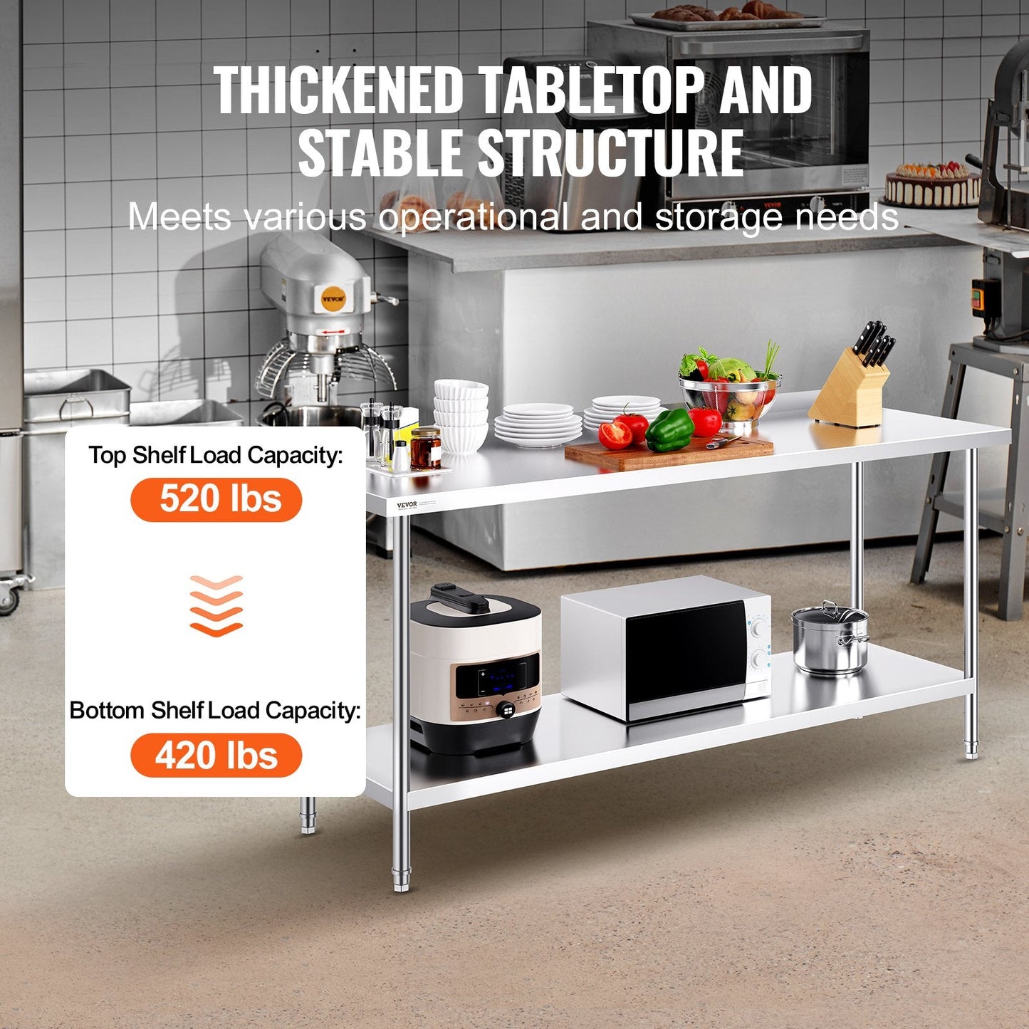 Stainless Steel Commercial Prep Table, Adjustable Height, 0.61 x 1.83 x 0.91m