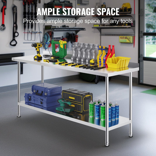 Stainless Steel Commercial Prep Table, Adjustable Height, 0.61 x 1.83 x 0.91m