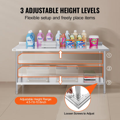 Stainless Steel Commercial Prep Table, Adjustable Height, 0.61 x 1.83 x 0.91m