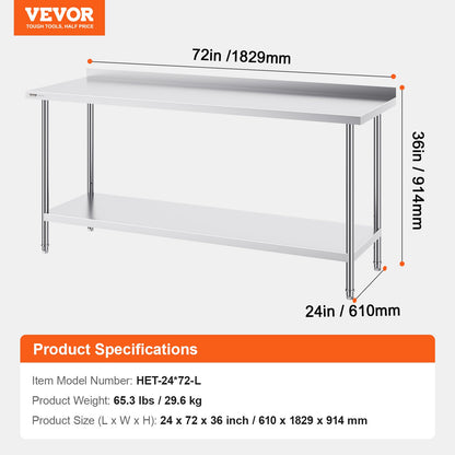 VEVOR 24 x 72 x 36 Inch Stainless Steel Work Table, Commercial Food Prep Worktable