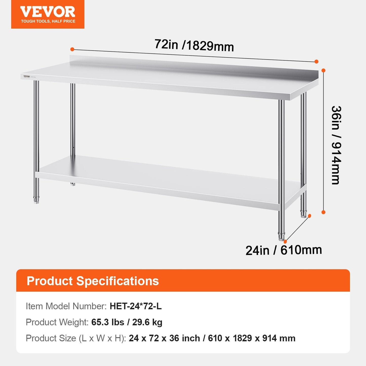 Stainless Steel Commercial Prep Table, Adjustable Height, 0.61 x 1.83 x 0.91m