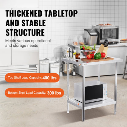 VEVOR Stainless Steel Prep Table, 24 x 30 x 34 Inch, Heavy Duty Metal Worktable