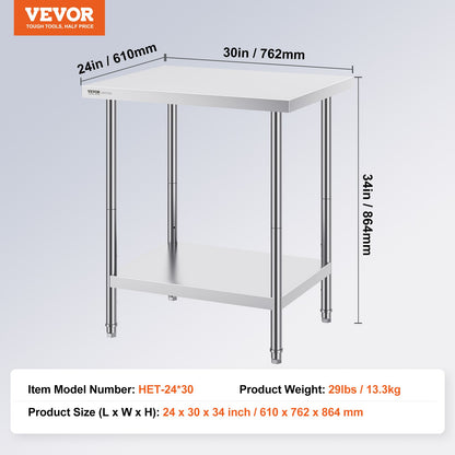 VEVOR Stainless Steel Prep Table, 24 x 30 x 34 Inch, Heavy Duty Metal Worktable
