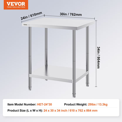 Stainless Steel Worktable, Adjustable Height, 0.61 x 0.76 x 0.86m, 13.3 kg