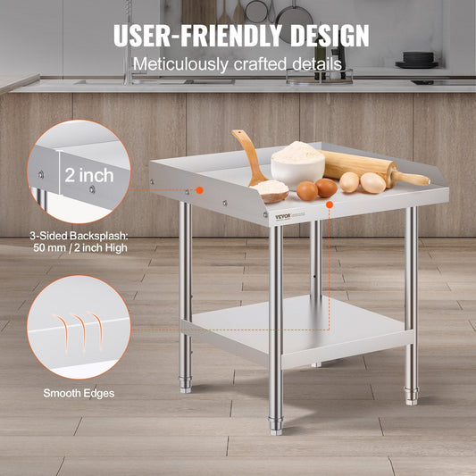 Stainless Steel Prep Table with Backsplash, 0.61 x 0.61 x 0.66m, Adjustable Height