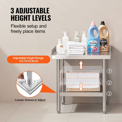 Stainless Steel Prep Table with Backsplash, 0.61 x 0.61 x 0.66m, Adjustable Height