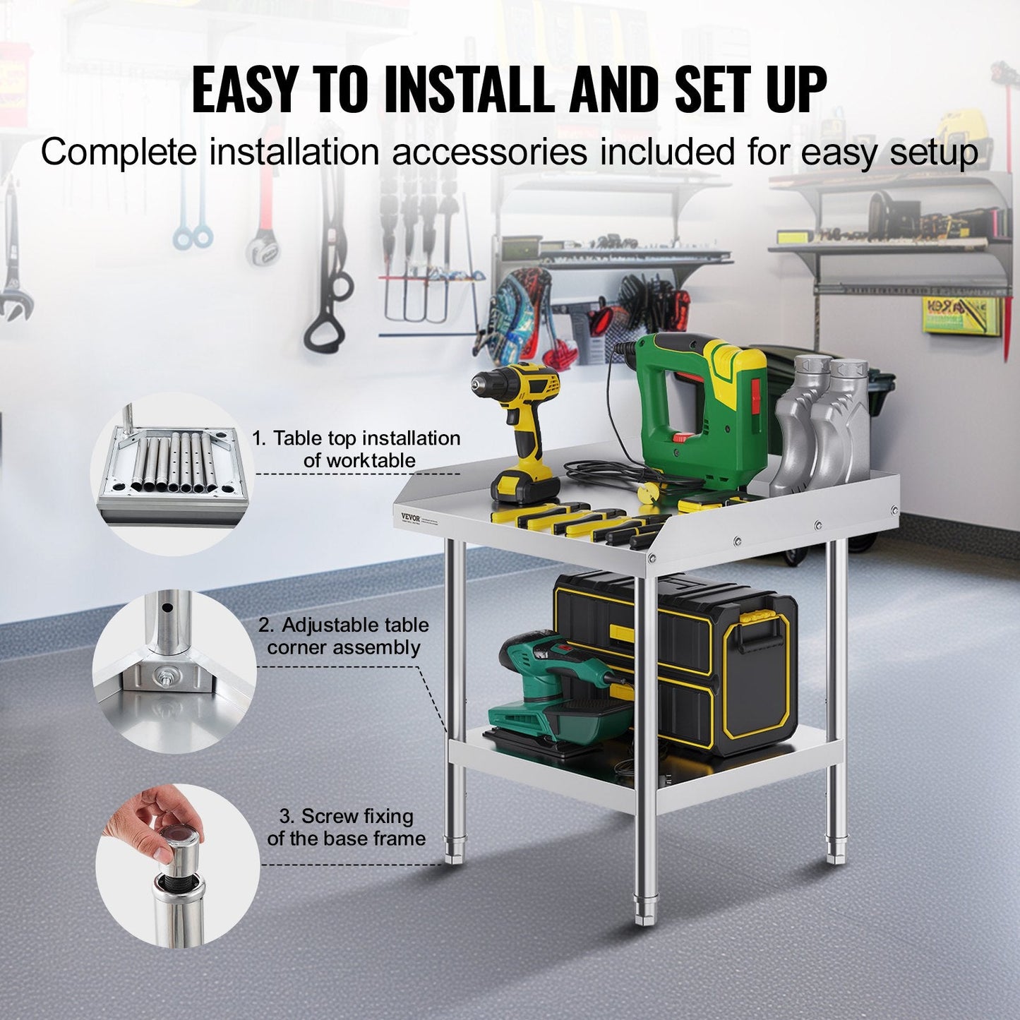 Stainless Steel Prep Table with Backsplash, 0.61 x 0.61 x 0.66m, Adjustable Height