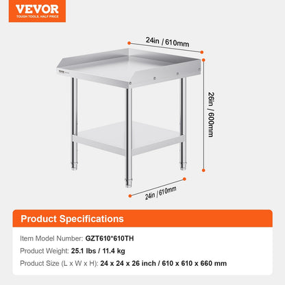 Stainless Steel Prep Table with Backsplash, 0.61 x 0.61 x 0.66m, Adjustable Height