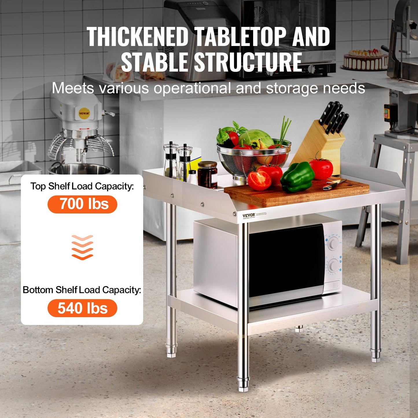 Stainless Steel Food Prep Table, 0.61 x 0.71 x 0.66m, with Backsplash & Adjustable Height