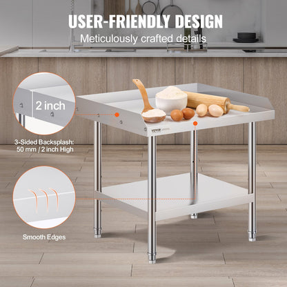 Stainless Steel Food Prep Table, 0.61 x 0.71 x 0.66m, with Backsplash & Adjustable Height