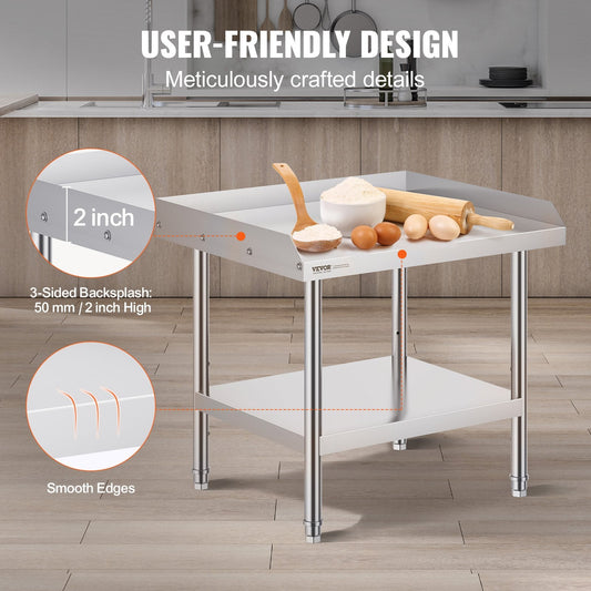 Stainless Steel Food Prep Table, 0.61 x 0.71 x 0.66m, with Backsplash & Adjustable Height