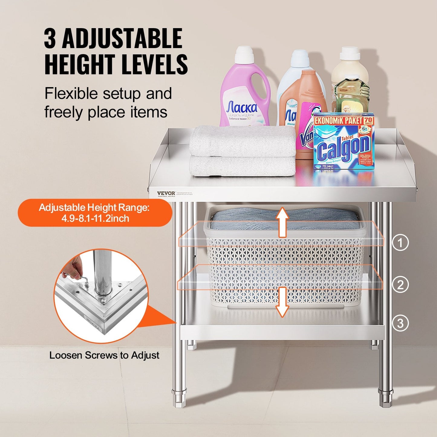 Stainless Steel Food Prep Table, 0.61 x 0.71 x 0.66m, with Backsplash & Adjustable Height