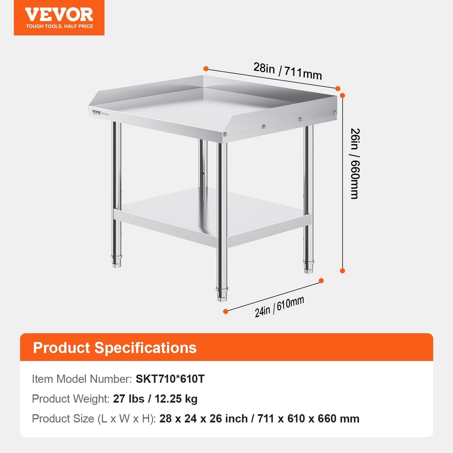 Stainless Steel Food Prep Table, 0.61 x 0.71 x 0.66m, with Backsplash & Adjustable Height