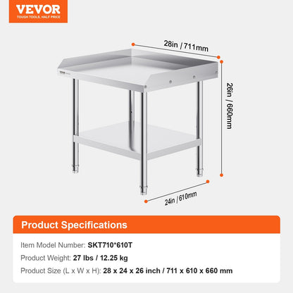 Stainless Steel Food Prep Table, 0.61 x 0.71 x 0.66m, with Backsplash & Adjustable Height