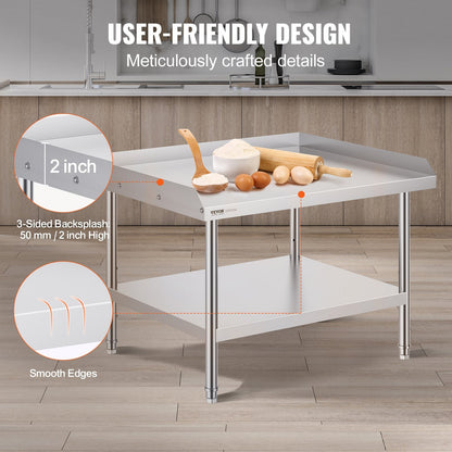 Stainless Steel Food Prep Table with Backsplash, 0.76 x 0.91 x 0.66 m, Adjustable Height