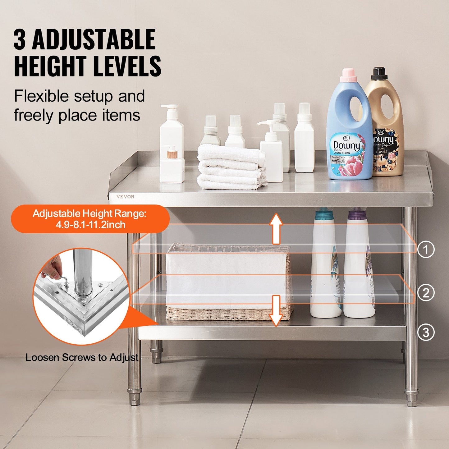 Stainless Steel Food Prep Table with Backsplash, 0.76 x 0.91 x 0.66 m, Adjustable Height