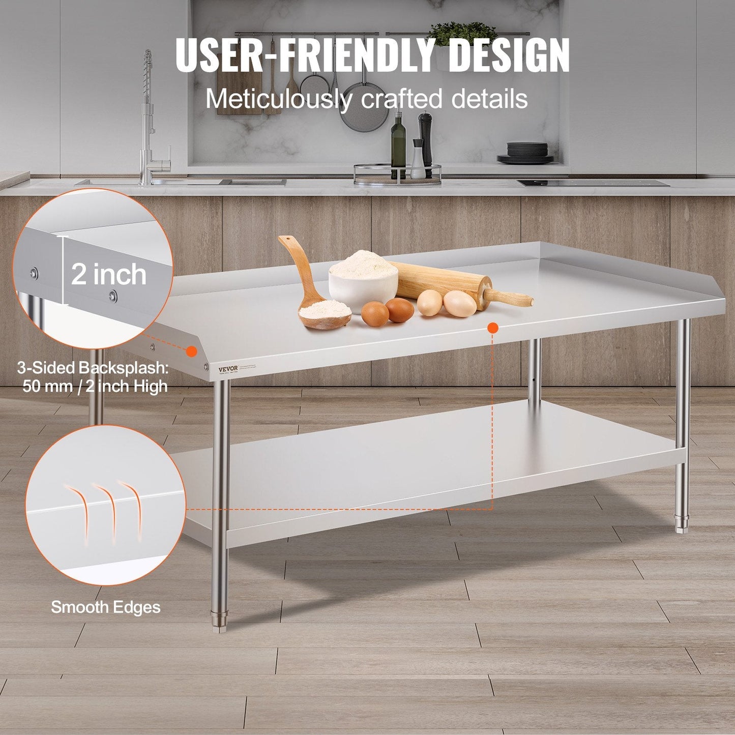 Stainless Steel Food Prep Table with Backsplash, Adjustable Height, 0.76 x 1.52 m