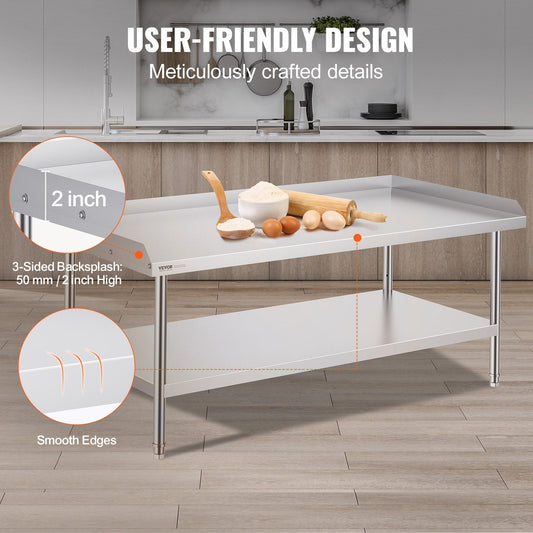 Stainless Steel Food Prep Table with Backsplash, Adjustable Height, 0.76 x 1.52 m