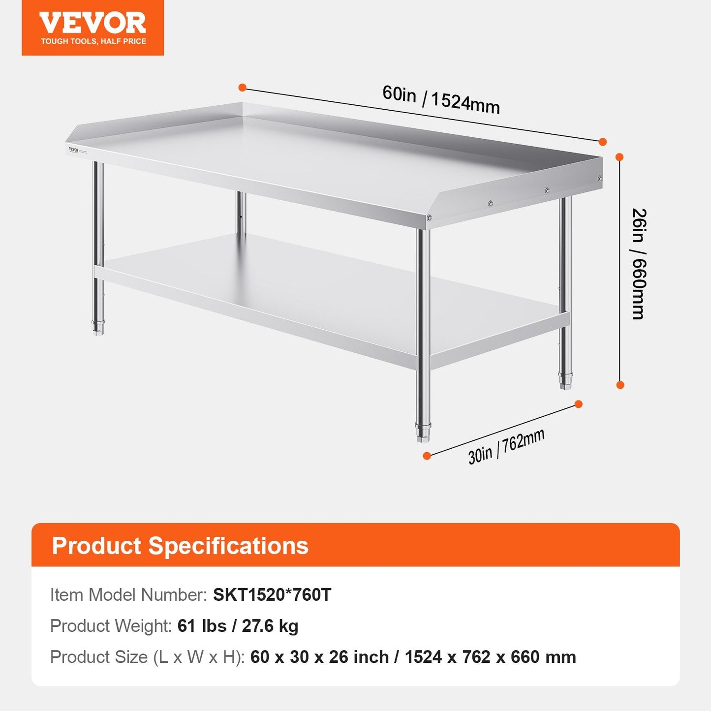 Stainless Steel Food Prep Table with Backsplash, Adjustable Height, 0.76 x 1.52 m