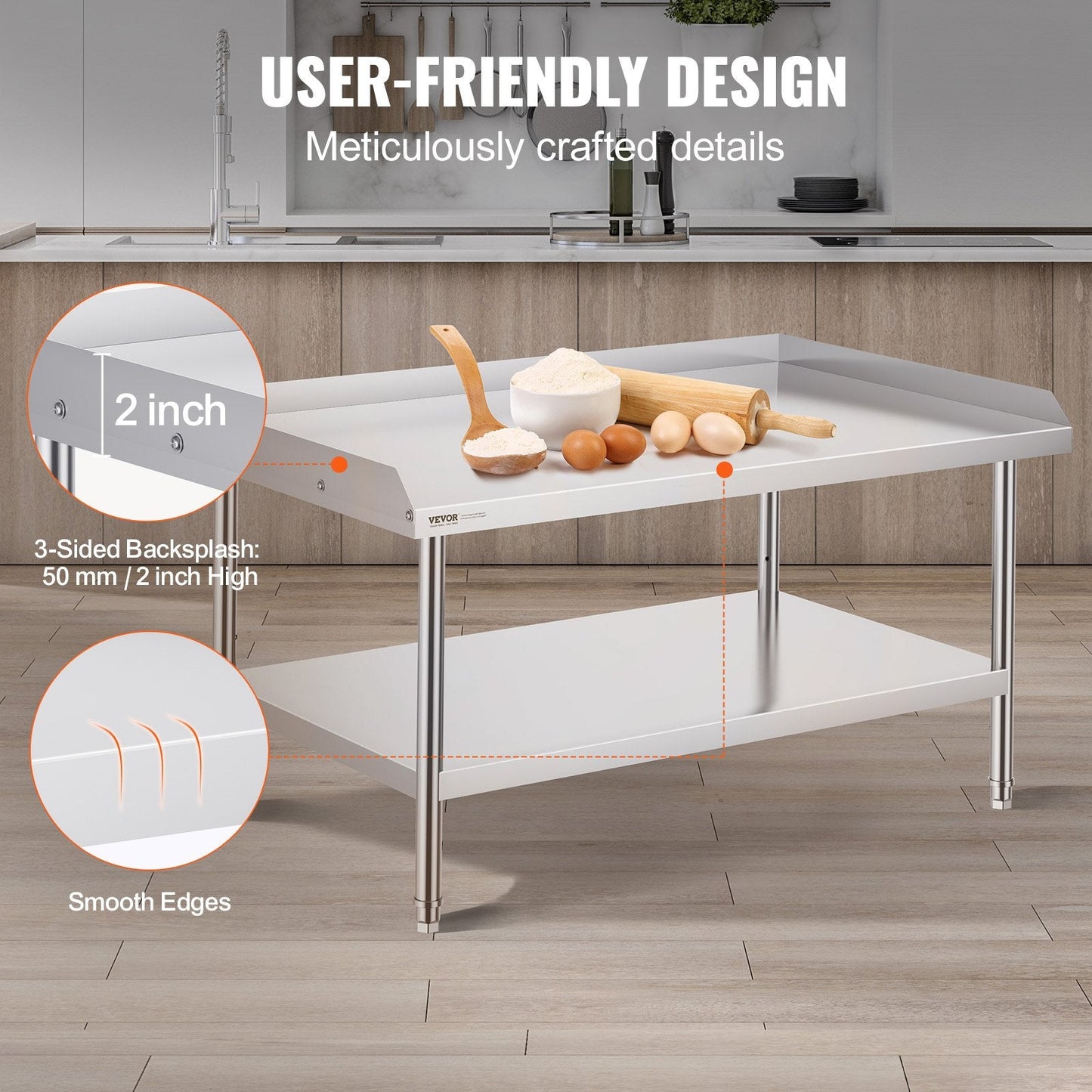 Stainless Steel Food Prep Table, 0.76 x 1.22 x 0.66m, Adjustable for Home/Restaurant