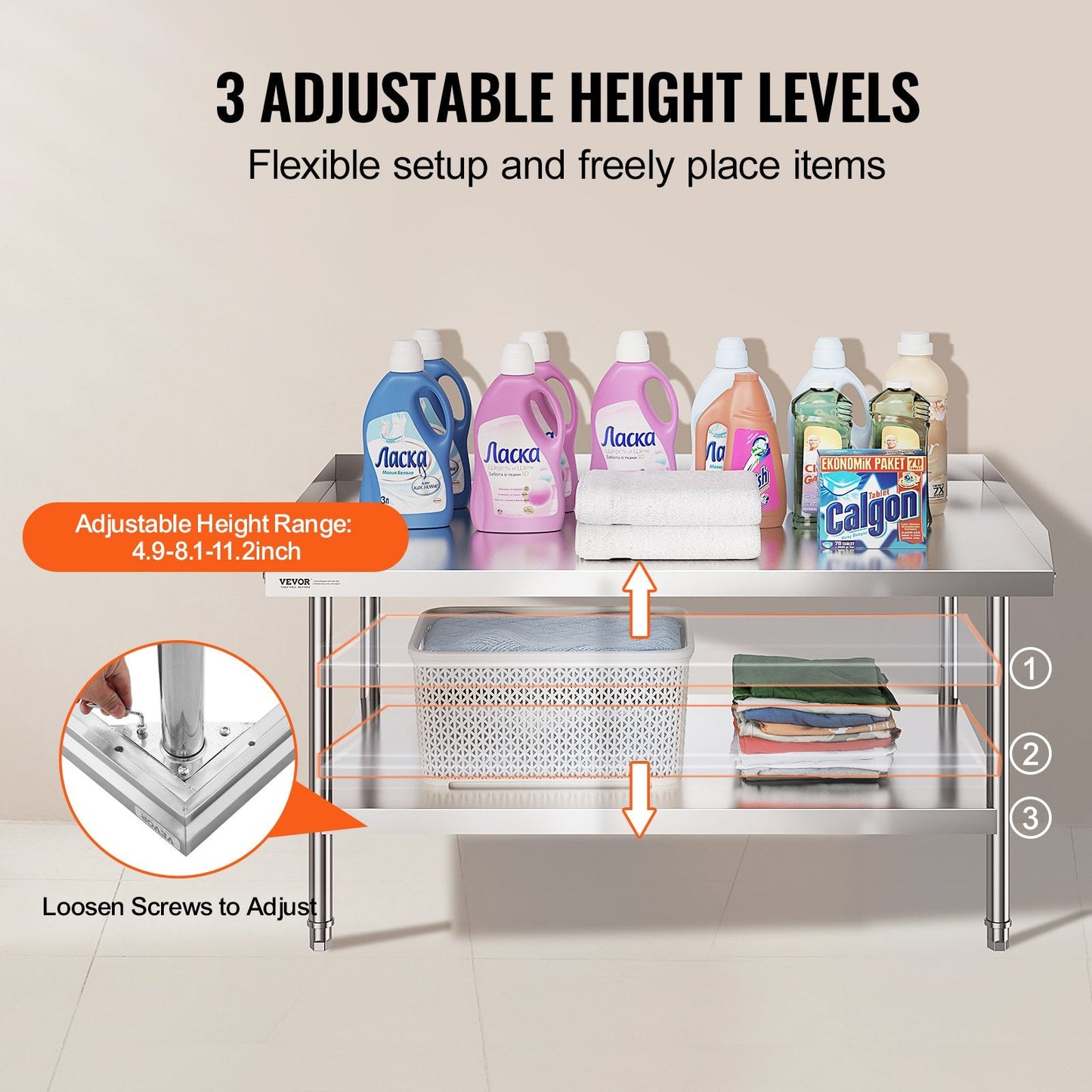 Stainless Steel Food Prep Table, 0.76 x 1.22 x 0.66m, Adjustable for Home/Restaurant