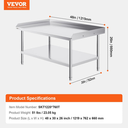 Stainless Steel Food Prep Table, 0.76 x 1.22 x 0.66m, Adjustable for Home/Restaurant