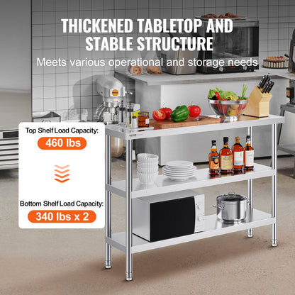 VEVOR Stainless Steel Food Prep Table, 14 x 48 x 34 Inch Commercial Kitchen Worktable,