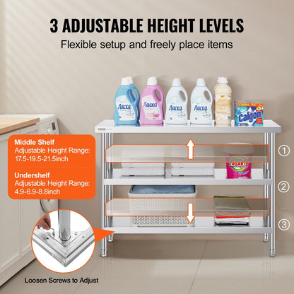 Stainless Steel Worktable with Adjustable Undershelves, 0.36 x 1.22 x 0.86 Meter