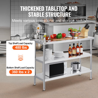 VEVOR Stainless Steel Food Prep Table, 18 x 48 x 34 Inch Commercial Kitchen Worktable,