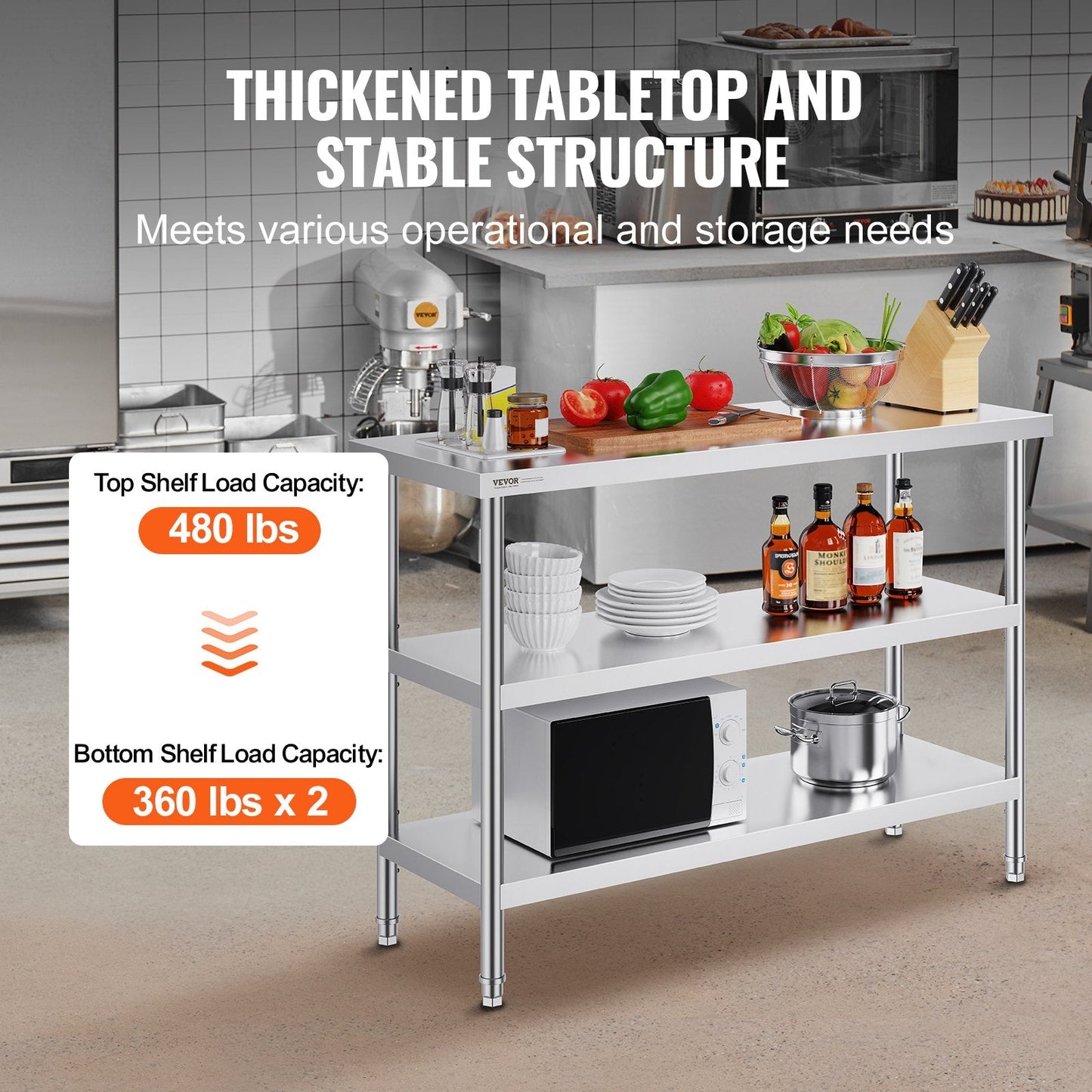 Stainless Steel Commercial Kitchen Work Table, 0.46 x 1.22 x 0.86m, Heavy Duty