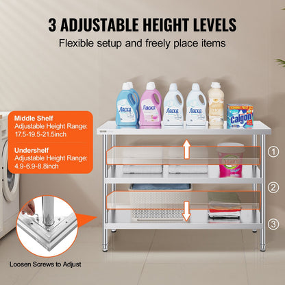 Stainless Steel Commercial Kitchen Work Table, 0.46 x 1.22 x 0.86m, Heavy Duty