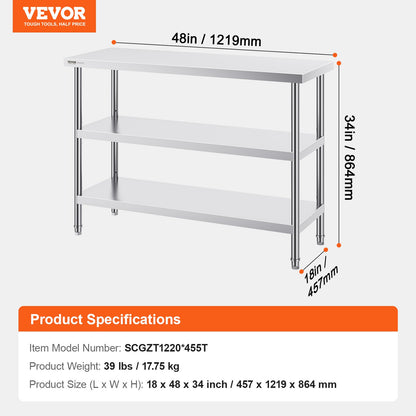 VEVOR Stainless Steel Food Prep Table, 18 x 48 x 34 Inch Commercial Kitchen Worktable,