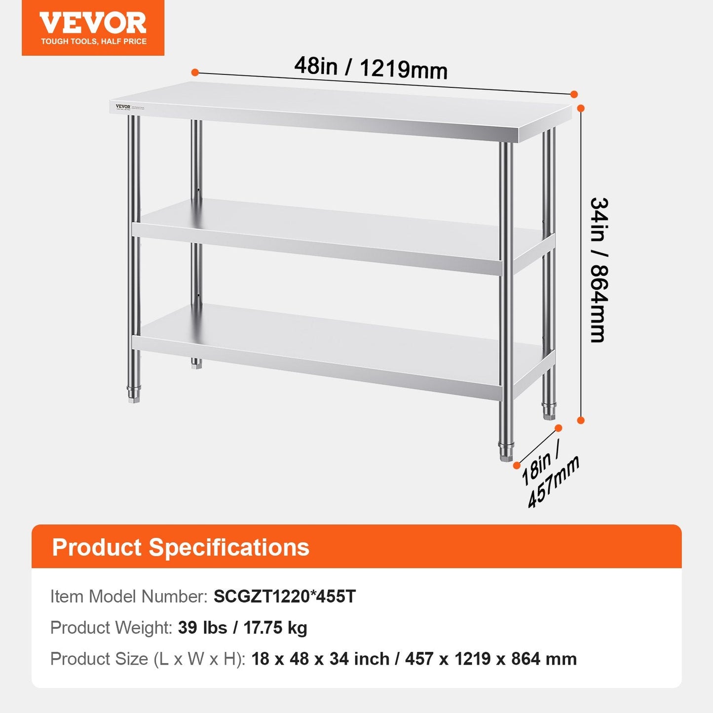 Stainless Steel Commercial Kitchen Work Table, 0.46 x 1.22 x 0.86m, Heavy Duty