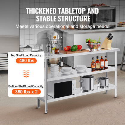 VEVOR Stainless Steel Food Prep Table, 14 x 60 x 34 Inch Commercial Kitchen Worktable,