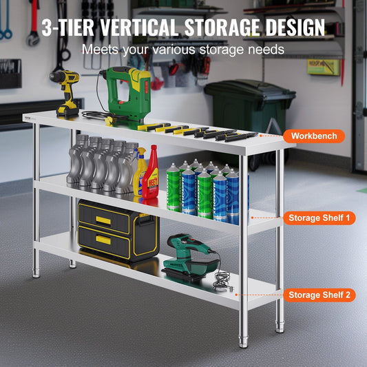 Stainless Steel Commercial Worktable with Adjustable Undershelf, 0.36 x 1.52 x 0.86 m