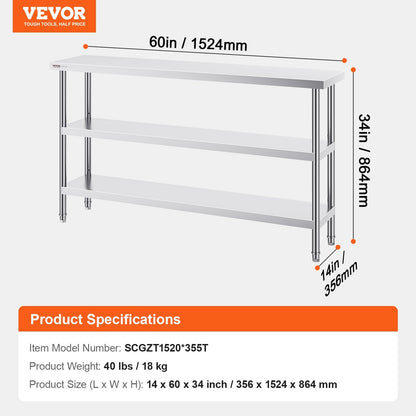 Stainless Steel Commercial Worktable with Adjustable Undershelf, 0.36 x 1.52 x 0.86 m