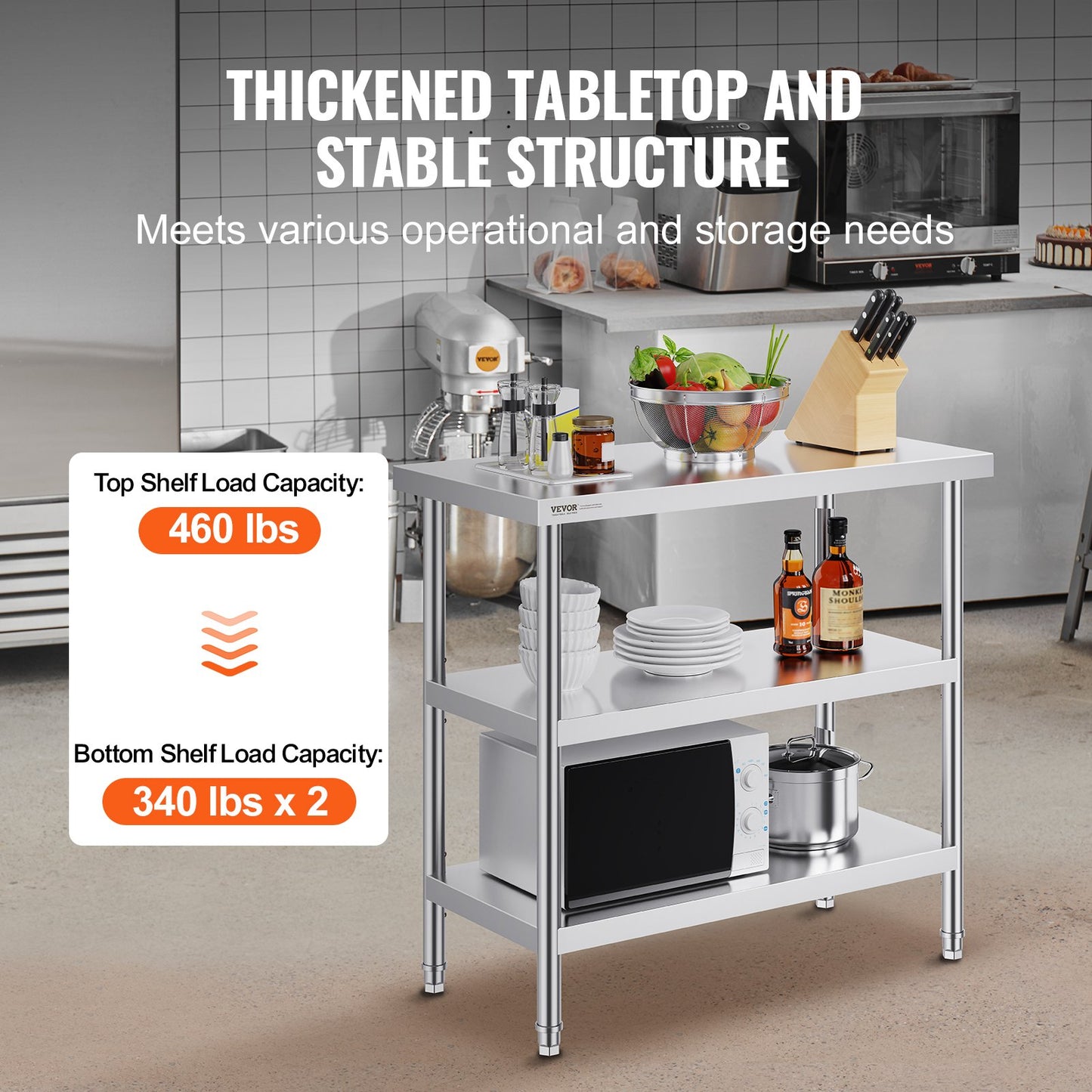VEVOR Stainless Steel Food Prep Table, 18 x 36 x 34 Inch Commercial Kitchen Worktable,