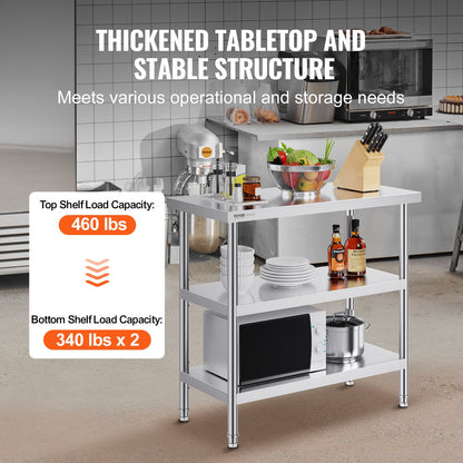 VEVOR Stainless Steel Food Prep Table, 18 x 36 x 34 Inch Commercial Kitchen Worktable,