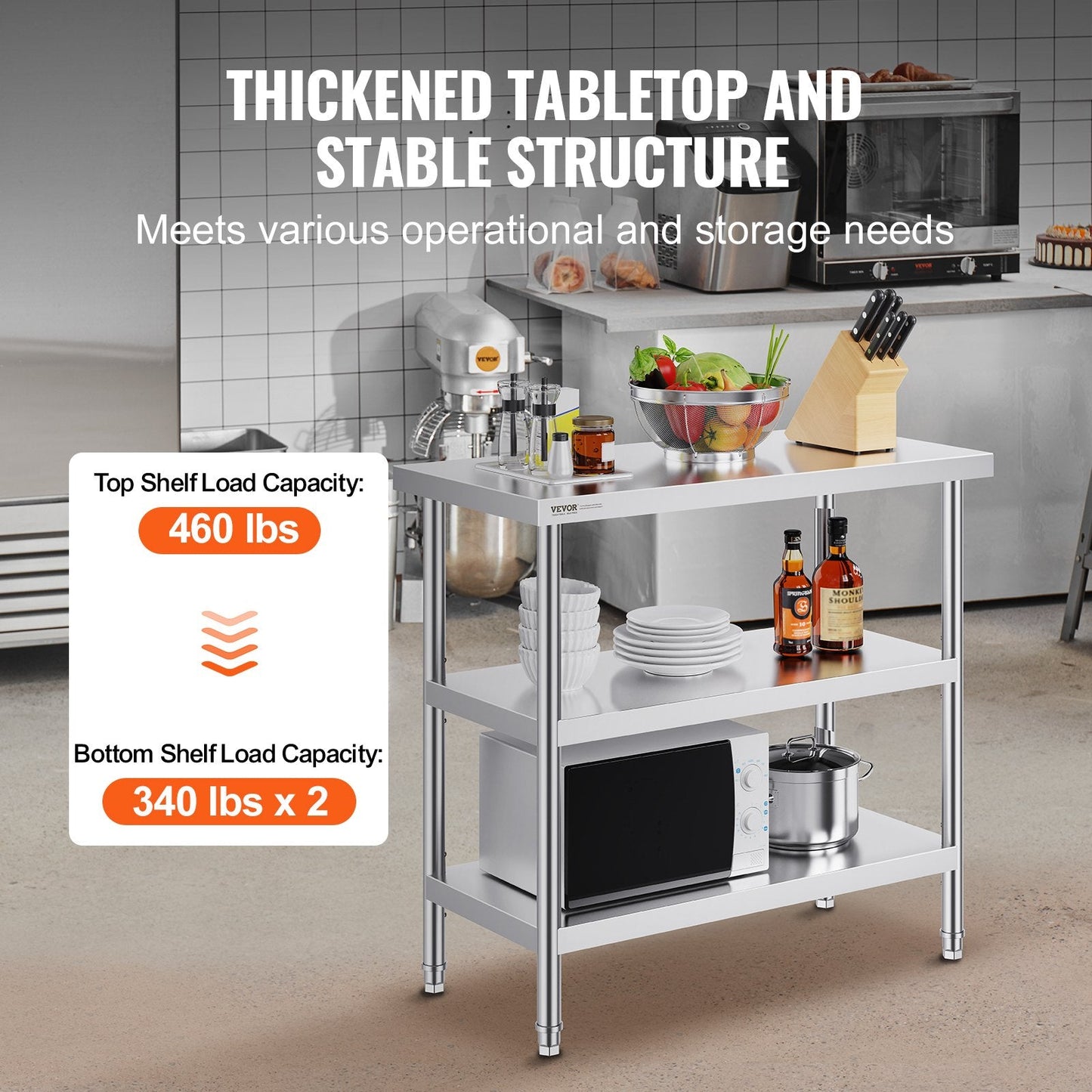 Stainless Steel Worktable with Dual Adjustable Shelves, 0.46 x 0.91 x 0.86 m