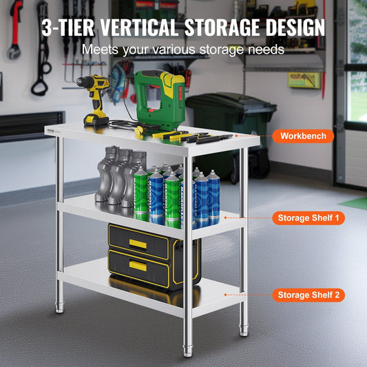 Stainless Steel Worktable with Dual Adjustable Shelves, 0.46 x 0.91 x 0.86 m