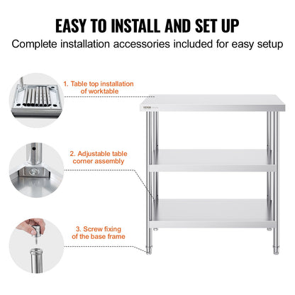 Stainless Steel Worktable with Dual Adjustable Shelves, 0.46 x 0.91 x 0.86 m