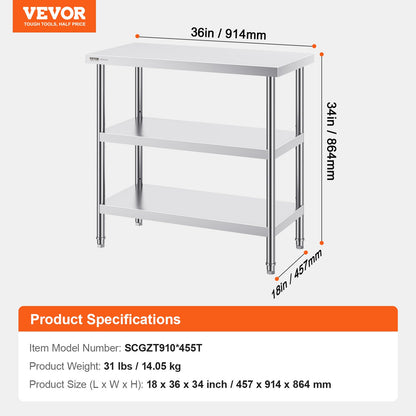 VEVOR Stainless Steel Food Prep Table, 18 x 36 x 34 Inch Commercial Kitchen Worktable,