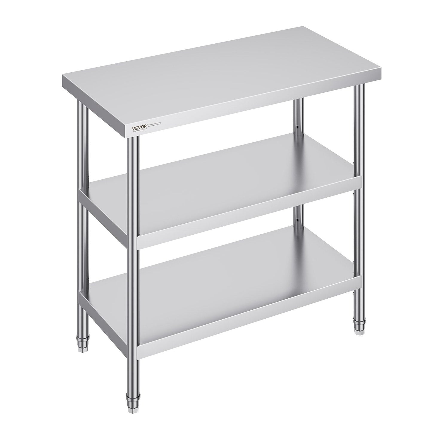 Stainless Steel Worktable with Dual Adjustable Shelves, 0.46 x 0.91 x 0.86 m