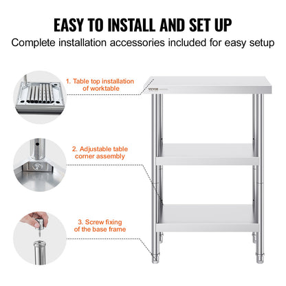 VEVOR Stainless Steel Food Prep Table, 14 x 24 x 34 Inch Commercial Kitchen Worktable,
