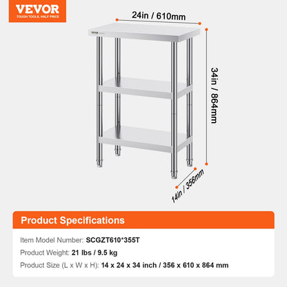 VEVOR Stainless Steel Food Prep Table, 14 x 24 x 34 Inch Commercial Kitchen Worktable,