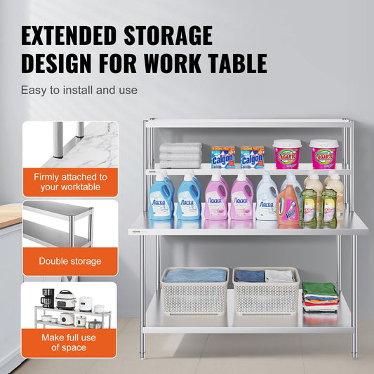 Stainless Steel Double Tier Overshelf, 0.3 x 1.5 m, Adjustable for Kitchen & Workshop