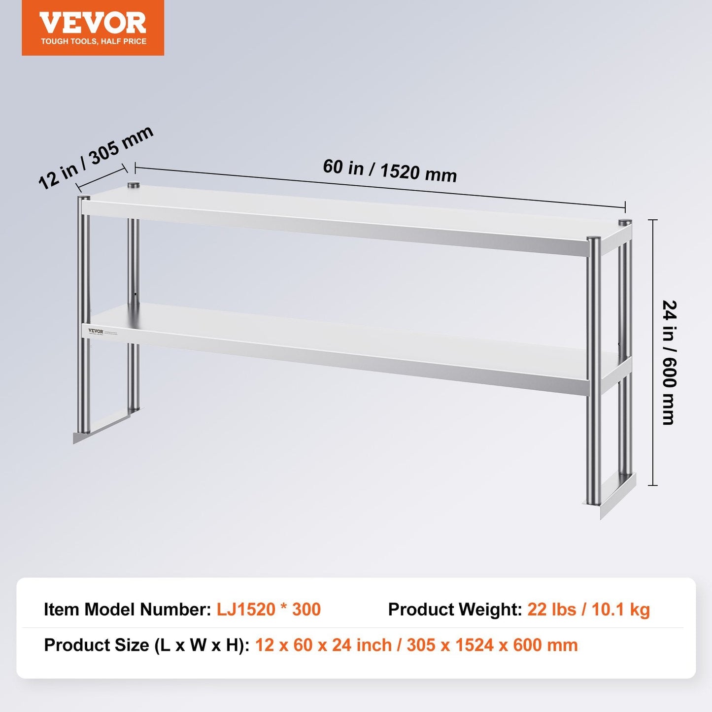 Stainless Steel Double Tier Overshelf, 0.3 x 1.5 m, Adjustable for Kitchen & Workshop