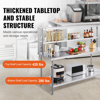 VEVOR Double Overshelf, Double Tier Stainless Steel Overshelf, 12 x 72 Inch Double