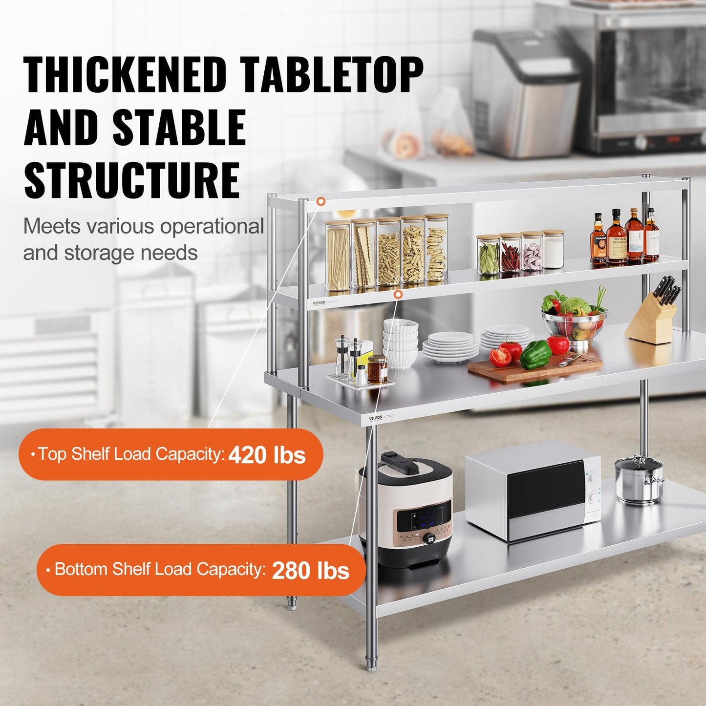 Stainless Steel Double Tier Overshelf, Adjustable, 0.3 x 1.8m, 11.85 kg Capacity